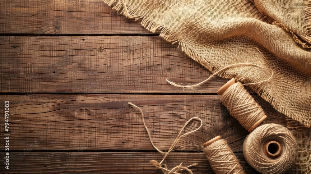 Poster top down view of burlap fabric thread spool and jute on wooden surface with available space for text