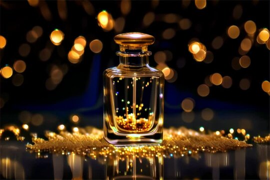 Bottle fragrance perfume on golden glitter and romantic bokeh lights background.