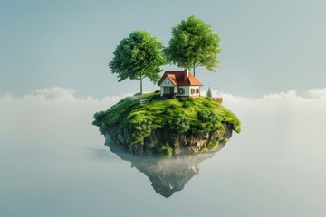 Surreal island and house floating in the air