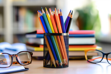 Colorful pencils in a pencil holder on a desk with books and glasses generative by ai - Powered by Adobe