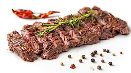 Sliced Grilled Machete Skirt Beef Meat Steak Isolated on A White Background.