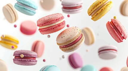 Various Colorful of Macarons Floating on the Air on White background.