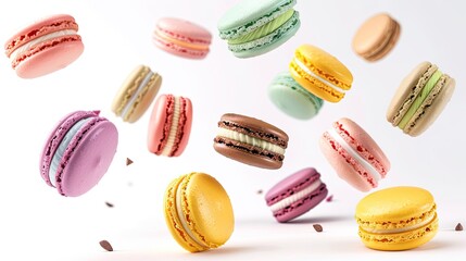 Various Colorful of Macarons Floating on the Air on White background.