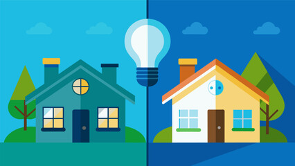A before and after illustration of a home with LED light bulbs installed demonstrating the energy and cost savings. - obrazy, fototapety, plakaty