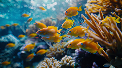 Naklejka premium A school of yellow fish swimming over the colorful coral reefs, with sunlight filtering through clear blue water. 