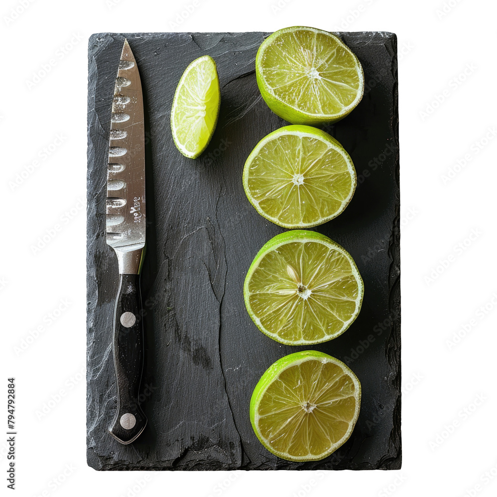 Poster a close up shot captures four fresh lime halves neatly sliced with a knife arranged on a sleek slate