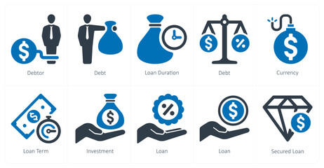 A set of 10 Loan and Debt icons as debtor, debt, loan duration