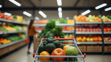 woman hand hold supermarket shopping cart with abstract blur organic fresh fruits and vegetable on shelves in grocery store defocused bokeh light background, Generative.AI
