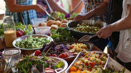 Obraz premium A community potluck dinner featuring locally sourced and sustainable foods. 