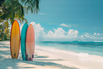Colorful surfboards standing on a beach with beautiful sea and palm trees background in summer time