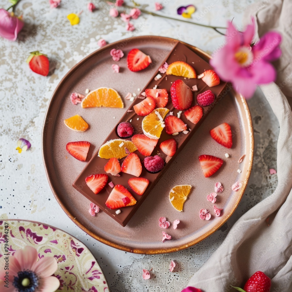 Poster A chocolate cake with strawberries and oranges on top of a plate