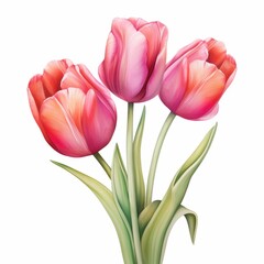 Fototapeta premium A bouquet of three pink tulips with green leaves on a white background.