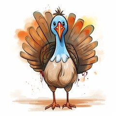 A cartoon turkey with blue feathers on its head and neck, a red beak, and brown and orange feathers on its body. The turkey is standing on two legs and has its wings spread out. The background is whit