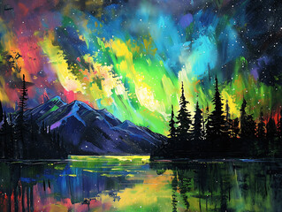 A painting of a colorful sky with a bright green aurora borealis. The painting is of a forest with trees and a lake. The mood of the painting is serene and peaceful