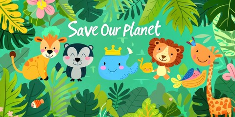 A cartoon-style background with happy animals and a "Save Our Planet" message. 