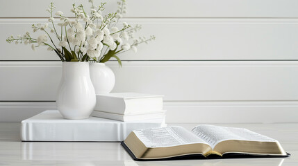 Holy Bible and white minimalist decor, highlighting the beauty of spiritual texts, super realistic