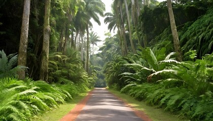 A jungle road bordered by towering palms and lush upscaled 23