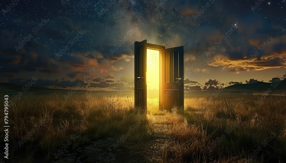 Wall mural a door is open in a field of grass by ai generated image