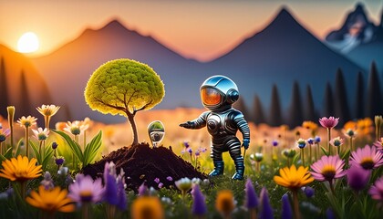 The Tiny Gardener: A Photorealistic Micro World with a Friendly Creature Planting Flowers"