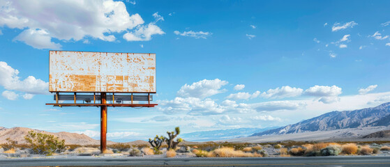 rusty white empty billboard on the side of an asphalt main street road in the desert with palm trees against a backdrop of mountains 