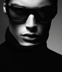 Close-up of a man in sunglasses and turtleneck with an edgy and sleek black and white aesthetic