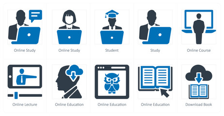 A set of 10 online education icons as online study, student, study, online course