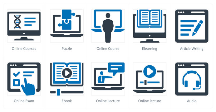 A set of 10 online education icons as online classes, puzzle, online course