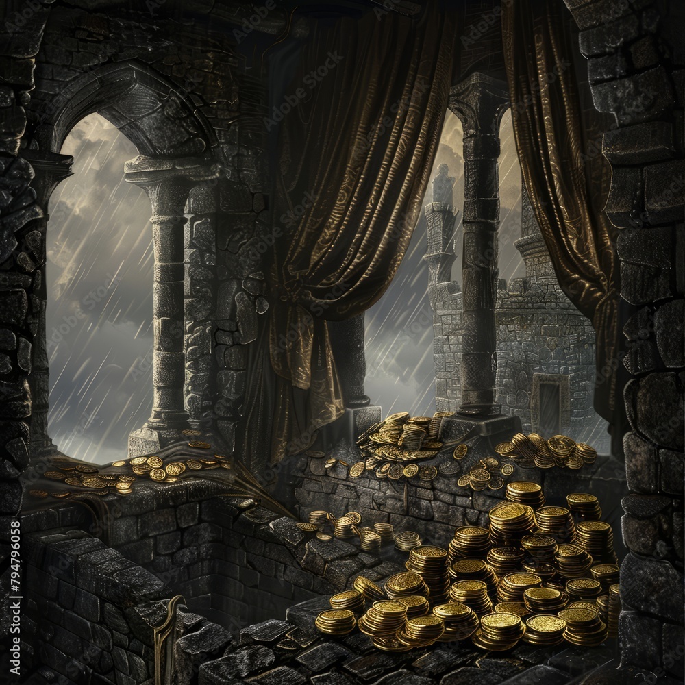 Poster A room with a lot of gold coins and a curtain