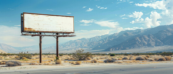 rusty white empty billboard on the side of an asphalt main street road in the desert with palm trees against a backdrop of mountains
