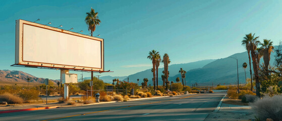 rusty white empty billboard on the side of an asphalt main street road in the desert with palm trees against a backdrop of mountains created with Generative AI Technology