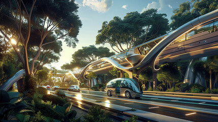 A futuristic city with a train system that is surrounded by trees. The train system is designed to be eco-friendly and blend in with the natural environment