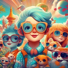  a playful poster featuring a group of toys donning glasses, inviting viewers to join them on an imaginative journey through a world of wonder."