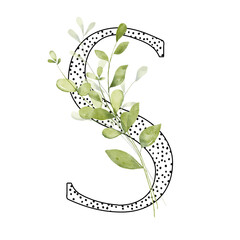 Letter S, floral monogram with watercolor leaf. Letterhead, initial perfectly for wedding invitation, greeting card, logo, poster and other design. Holiday design hand painting.