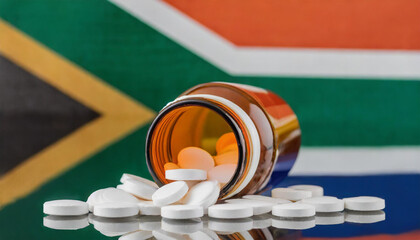 pills and bottle in front of the South African flag. Medical or health concept