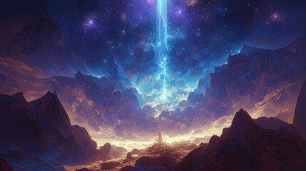 A beautiful, colorful, and surreal sky with a large, glowing object in the middle. The sky is filled with stars and clouds, and the mountains in the background are covered in clouds