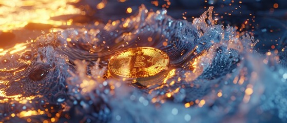 Golden bitcoin coins fall into the water. A golden light shone. - obrazy, fototapety, plakaty