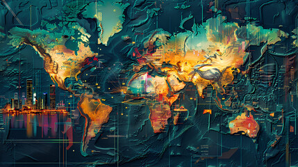 Digital Global Network Connectivity Concept,A digital graphic of the world map illustrating a network of global connectivity with dynamic lines and glowing nodes, symbolizing international communicat
