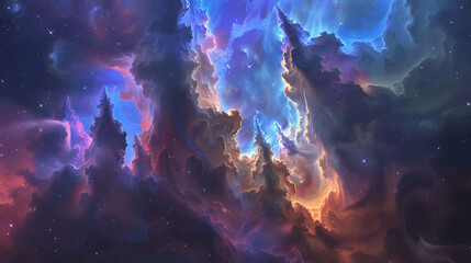 Fototapeta na wymiar A colorful space scene with purple clouds and stars. The sky is filled with a variety of colors, creating a sense of wonder and awe. The clouds are fluffy and seem to be floating in the sky