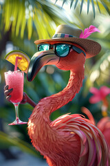 cartoon flamingo in sunglasses and sun hat drink pink cocktail on the tropical beach background, holiday, vacation time, summer drink concept © Kateryna Kordubailo