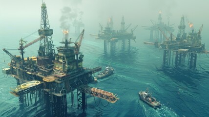 Tranquil offshore oil platforms in a misty sea - Calm scene of multiple offshore oil platforms in a serene sea with soft mist enveloping the environment