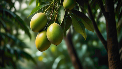 mango fruits especially in summer abstract  background in yellow  deep color hung on the trees with water lying on the peel of the mango fruits abstract background of fruits 