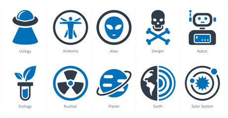 A set of 10 Science and Experiment icons as ufology, anatomy, alein