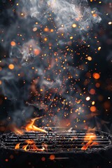 Fiery sparks and smoke overlay on a transparent background, depicting realistic grill heat glow and flying orange sparkles in a vector illustration