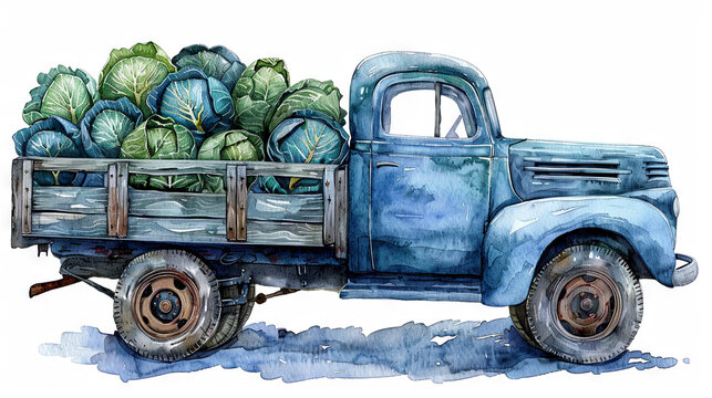 Watercolor illustration of blue truck with cabbage, harvest time
