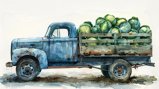 Watercolor illustration of blue truck with cabbage, harvest time