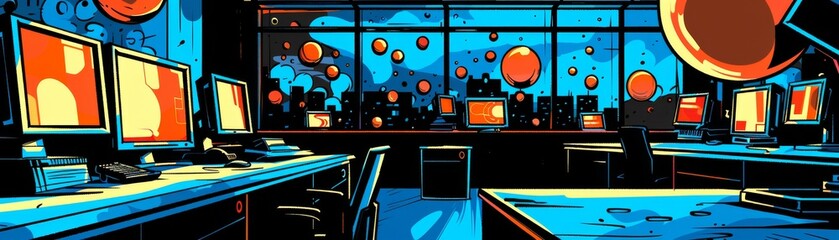Internet security operations center, pop art style with comic book bubbles and retro computers