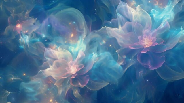Delicate, iridescent flowers bloom amidst swirling ethereal mists, beckoning the viewer into a dreamlike realm. 