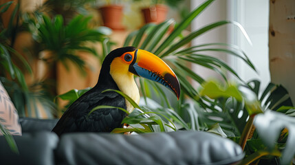 Fototapeta premium toucan in the living room with green house