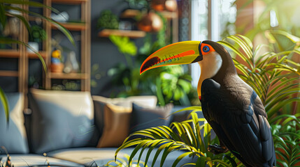 Naklejka premium toucan in the living room with green house
