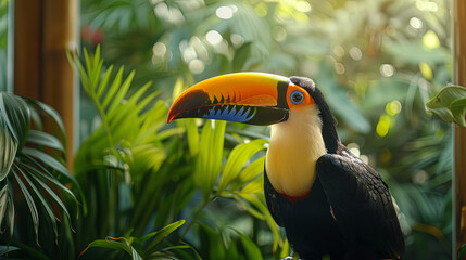 Naklejka premium toucan in the living room with green house